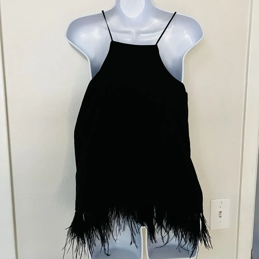 Amaryllis Spaghetti Strap Camisole Feather Trim Blouse Black Small Lined - Picture 2 of 10